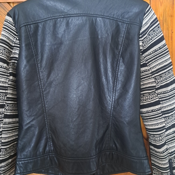 Faux Leather Moto Jacket with Knit Sleeves - Picture 7 of 14
